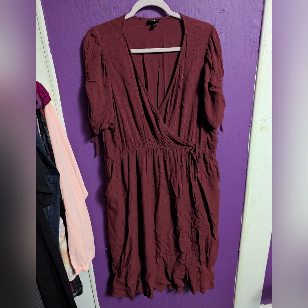 Torrid Maroon Swiss Linen Surplice Short Sleeve Midi Dress Pockets 2X 18 20 - Picture 3 of 5
